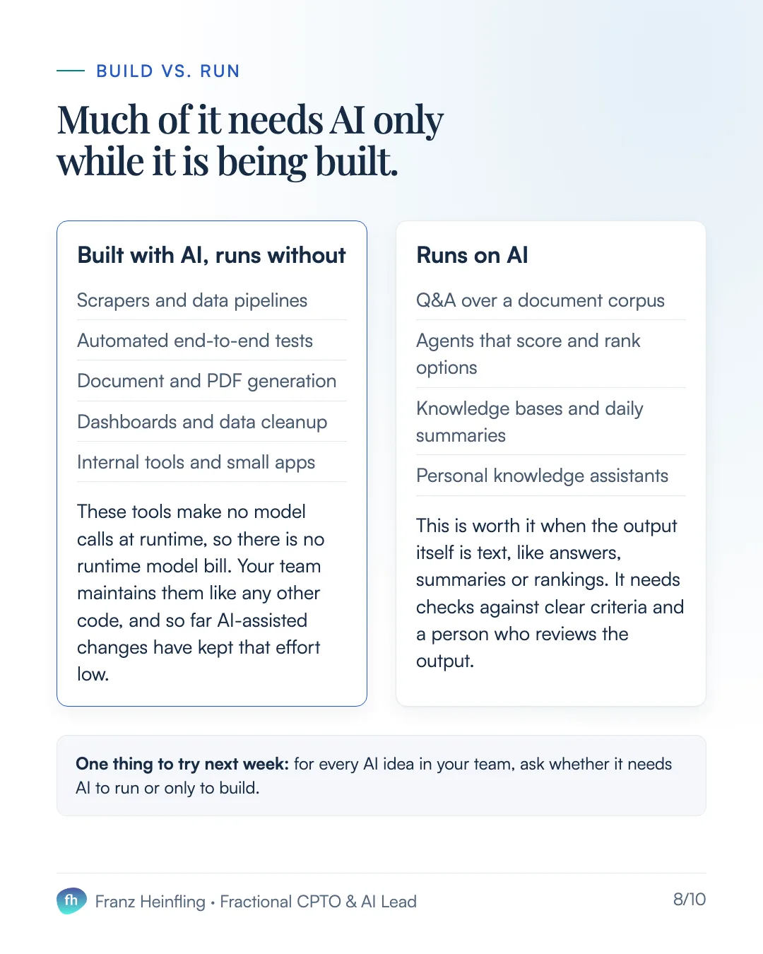 Build vs. run Much of it needs AI only while it is being built. Built with AI, runs without Scrapers and data pipelines Automated end-to-end tests Document and PDF generation Dashboards and data cleanup Internal tools and small apps These tools make no model calls at runtime, so there is no runtime model bill. Your team maintains them like any other code, and so far AI-assisted changes have kept that effort low. Runs on AI Q&A over a document corpus Agents that score and rank options Knowledge bases and daily summaries Personal knowledge assistants This is worth it when the output itself is text, like answers, summaries or rankings. It needs checks against clear criteria and a person who reviews the output. One thing to try next week: for every AI idea in your team, ask whether it needs AI to run or only to build.